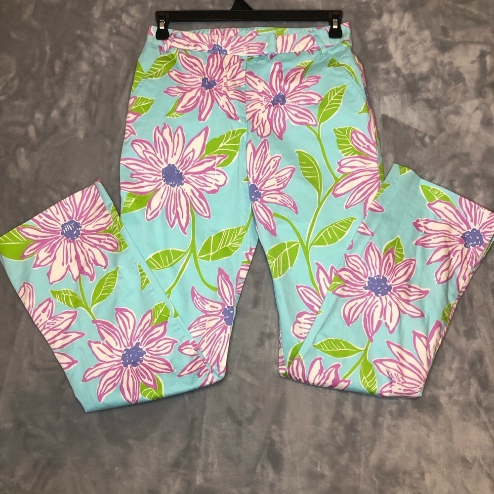 Lilly Pulitzer Women's Slacks Turquoise with Pink/Purple/Green Flowers Size 8 - Picture 2 of 7